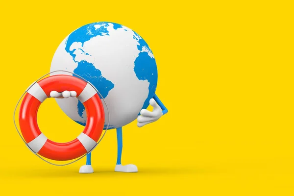 Earth Globe Character Mascot Modern Mobile Phone Life Buoy Yellow — Stock Photo, Image