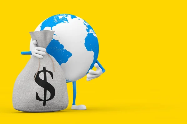 Earth Globe Character Mascot and Modern Mobile Phone and Tied Rustic Canvas Linen Money Sack or Money Bag with Dollar Sign on a yellow background. 3d Rendering