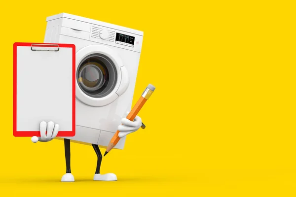 Modern White Washing Machine Karakter Maskot Dengan Red Plastic Clipboard — Stok Foto