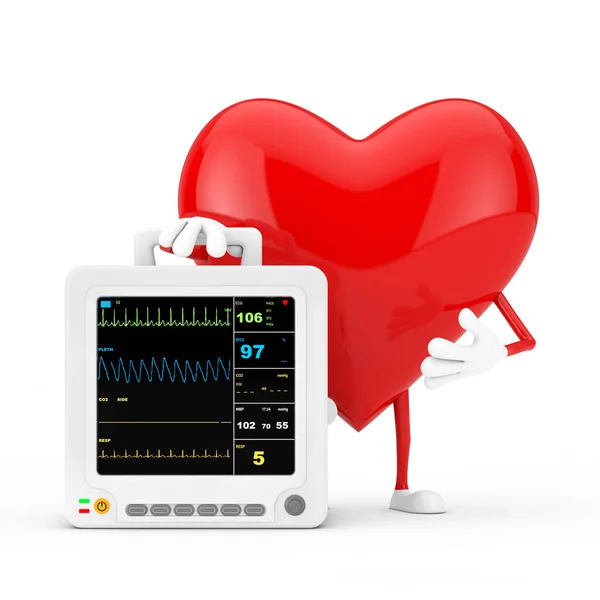 Sağlık Hizmetleri Taşınabilir Kalp Zleme Cihazlı Kırmızı Kalp Karakteri Maskotu — Stok fotoğraf