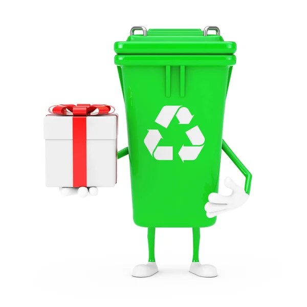 リサイクルサイングリーンガベージゴミ箱白い背景にギフトボックスとレッドリボン付きキャラクターマスコット 3Dレンダリング — ストック写真
