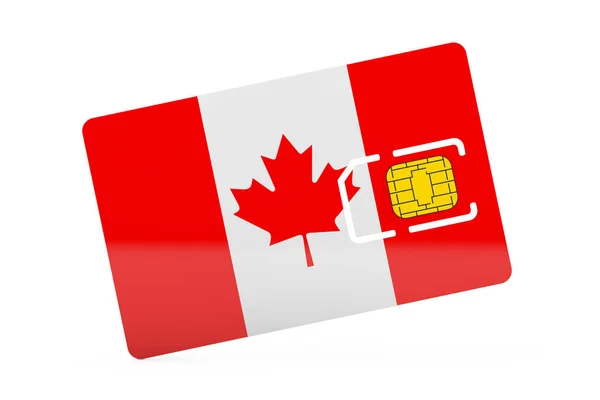 白い背景にカナダの旗と携帯電話のシムカードチップ 3Dレンダリング — ストック写真