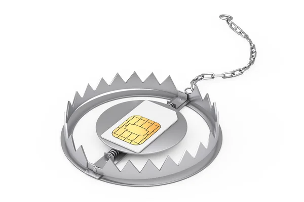 Mobile Phone Sim Card Metal Bear Trap Sfondo Bianco Rendering — Foto Stock