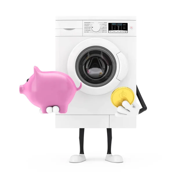 Modern White Washing Machine Character Mascot Piggy Bank Golden Dollar — Stock Photo, Image