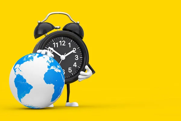 Alarm Clock Character Mascot Gift Box Earth Globe Yellow Background — Stock Photo, Image