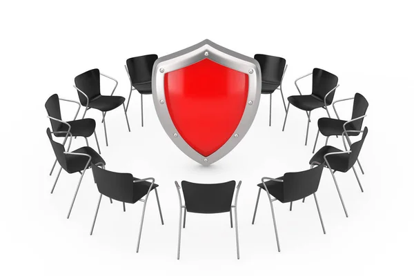 Zwarte Bureaustoelen Rond Red Metal Protection Shield Een Witte Achtergrond — Stockfoto