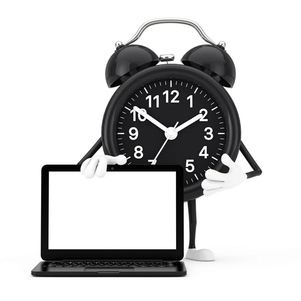 Alarm Saati Karakteri Maskotu Beyaz Arkaplanda Boş Ekranlı Modern Dizüstü — Stok fotoğraf