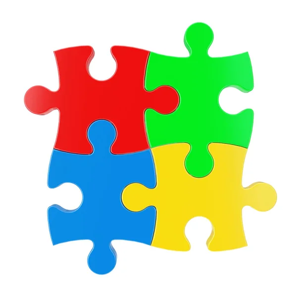 Four Colorful Puzzle Pieces Red Background Rendering — Stock Photo, Image