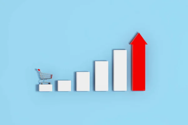 Growing Bars Red Arrow Chart Graph Diagram Shopping Cart Blue — Stock Photo, Image