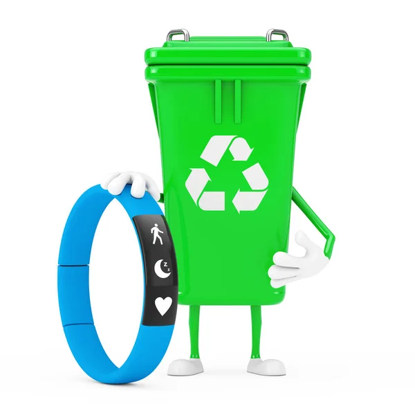リサイクルサイングリーンガベージゴミ箱白い背景にブルーフィットネストラッカーとキャラクターマスコット 3Dレンダリング — ストック写真