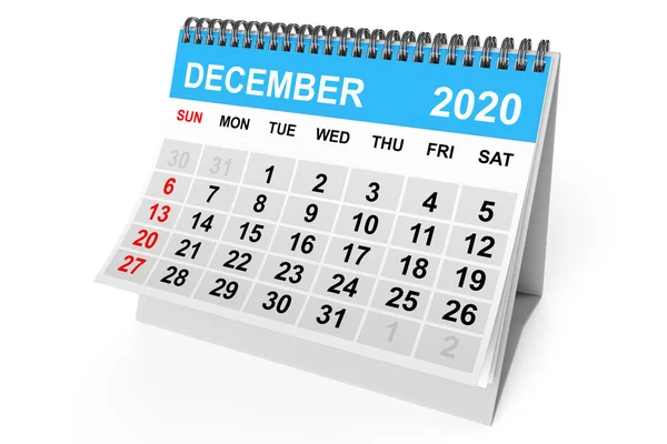 2020 Ano Dezembro Calendário Sobre Fundo Branco Renderização — Fotografia de Stock