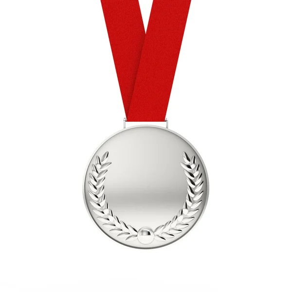 Médaille Argent Avec Couronne Laurier Sur Fond Blanc Rendu — Photo