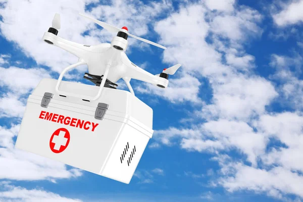 White Quadrocopter Drone with Emergency Medical Kit on a blue sky background. 3d Rendering