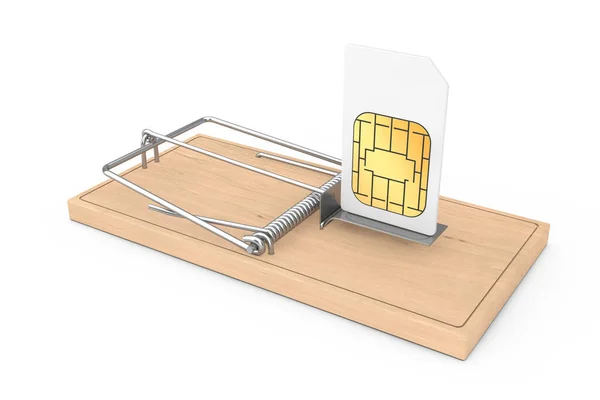 Billiga Kommunikationsproblem Concept Mobiltelefon Sim Card Trä Mousetrap Vit Bakgrund — Stockfoto