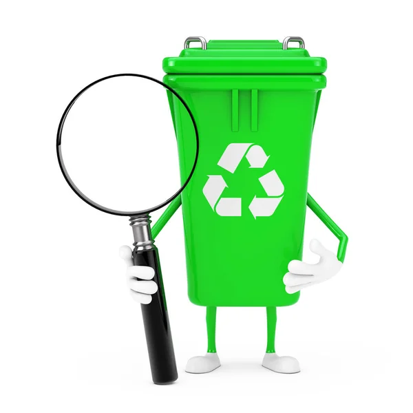 Prullenbak Teken Green Garbage Trash Bin Character Mascotte Met Vergrootglas — Stockfoto