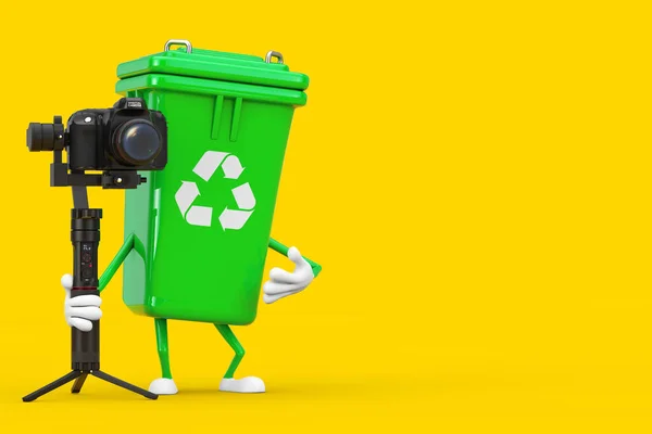 Segno Riciclo Verde Spazzatura Cestino Personaggio Mascotte Con Dslr Videocamera — Foto Stock