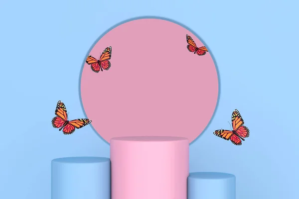 Flying Butterfly Pink Blue Pedestal Promo Stands Duontone Style Een — Stockfoto