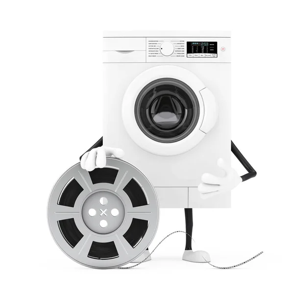 Modern White Washing Machine Character Mascot Film Reel Cinema Tape — Stok Foto