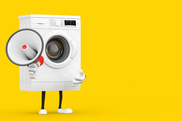 Modern Vit Tvättmaskin Karaktär Maskot Med Röd Retro Megaphone Gul — Stockfoto