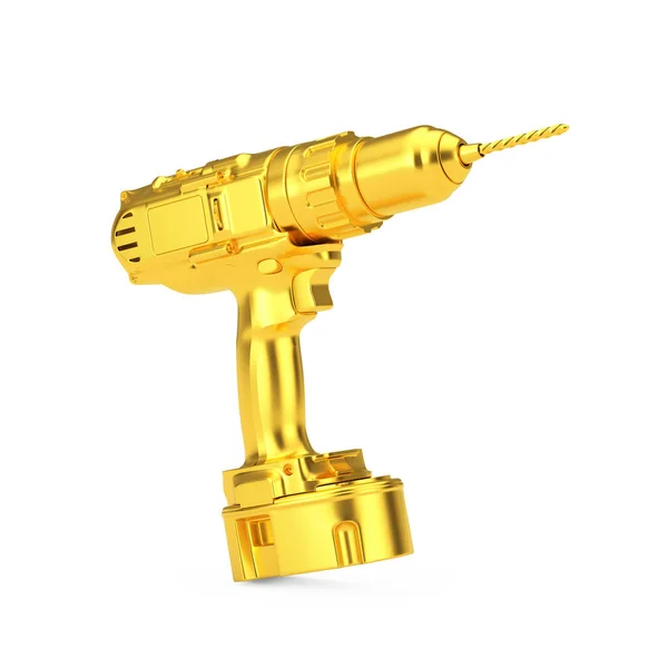 Golden Rechargeable Cordless Drill White Background Rendering — Stock Photo, Image