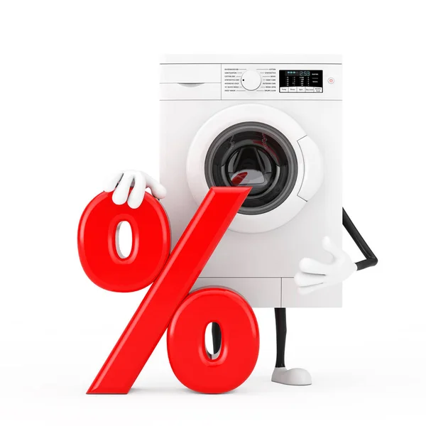 现代白色洗衣机人物吉祥物与红色零售百分比销售或折扣标志的白色背景 3D渲染 — 图库照片