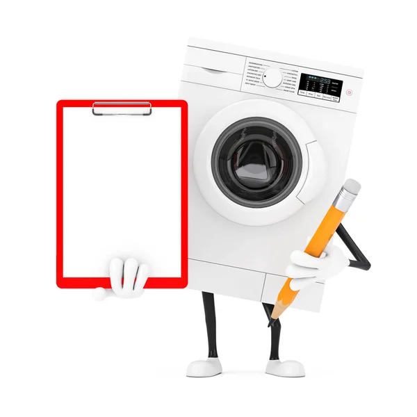 Modern Vit Tvättmaskin Karaktär Maskot Med Med Röd Plastklipp Papper — Stockfoto