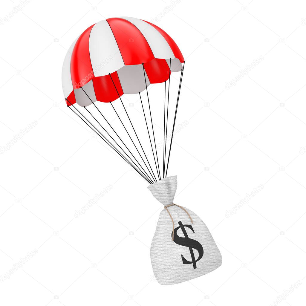 Help with Fast Money Concept. Tied Rustic Canvas Linen Money Sack or Money Bag with Dollar Sign Falling with Parachute on a white background. 3d Rendering 