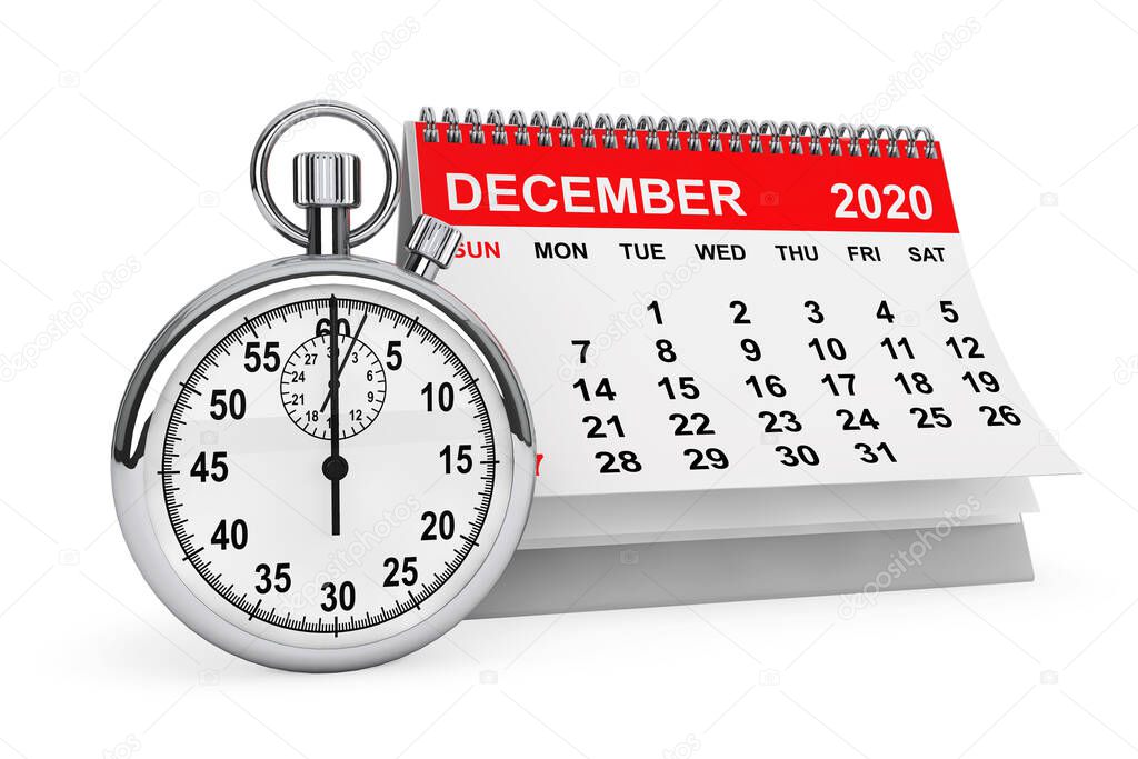 2020 Year December Calendar with Stopwatch on a white background. 3d rendering
