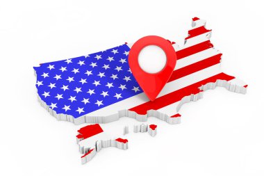 Amerika Birleşik Devletleri bayrağıyla Amerika Haritası üzerinde beyaz arka planda Pointer Pin haritası. 3d Hazırlama