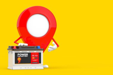 Harita Pointer Pin Karakter Maskotu ve yeniden şarj edilebilir araba bataryası 12V Acülatörü ve sarı arka planda Soyut Etiket. 3d Hazırlama