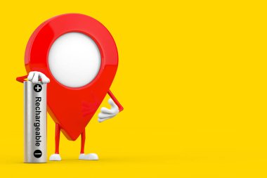 Sarı arka planda şarj edilebilir pilli Harita Pointer Karakter Maskotu. 3d Hazırlama