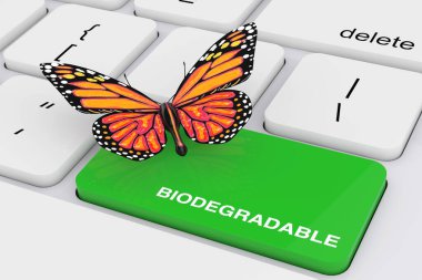 Green Biodegradable Key with Butterfly on White PC Keyboard extreme closeup. 3d Rendering clipart