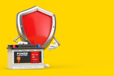 Kırmızı Metal Koruma Kalkanı Karakteri Maskotu ve Soyut Etiketi sarı arka planda olan yeniden şarj edilebilir Araç Bataryası 12V Acülatörü. 3d Hazırlama