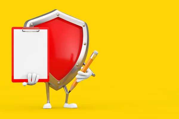 Red Metal Protection Shield Character Mascot Com Prancheta Plástico Vermelho — Fotografia de Stock
