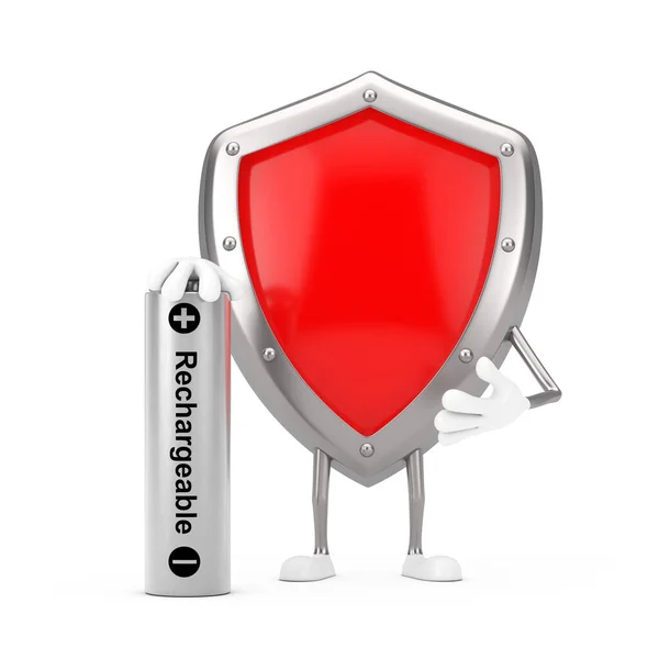 Red Metal Protection Shield Character Mascot Com Bateria Recarregável Fundo — Fotografia de Stock