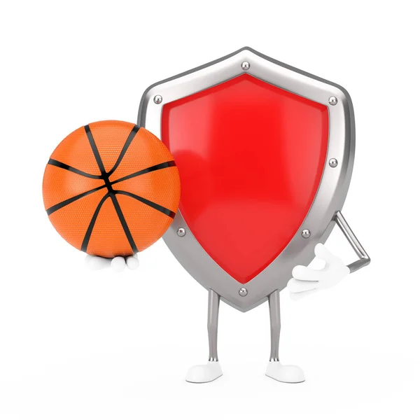 Mascota Carácter Escudo Protección Metal Rojo Con Pelota Baloncesto Sobre — Foto de Stock