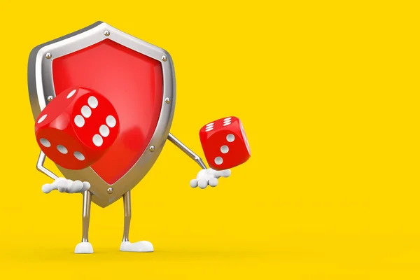 Red Metal Protection Shield Mascote Personagem Com Red Game Dice — Fotografia de Stock