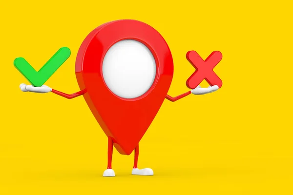 Map Pointer Pin Character Mascot Red Cross Green Check Mark — стокове фото