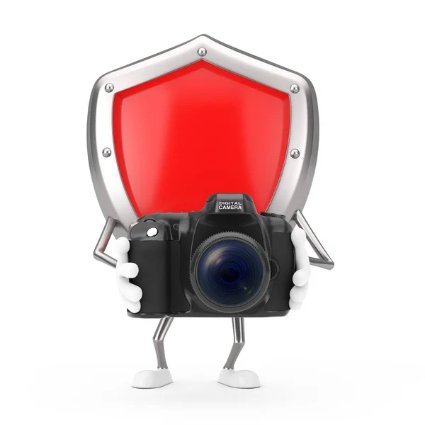 Röd Metall Skydd Sköld Karaktär Maskot Med Modern Digital Kamera — Stockfoto