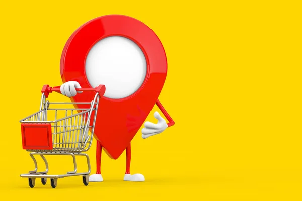 Карта Pointer Pin Character Mascot Shopping Cart Trolley Yellow Background — стоковое фото