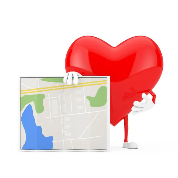 Red Heart Character Mascot Abstract City Plan Map White Background — 스톡 사진