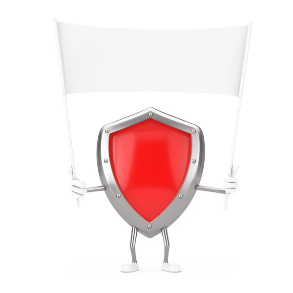 Red Metal Protection Shield Personaje Mascota Vacía Bandera Blanca Blanco — Foto de Stock