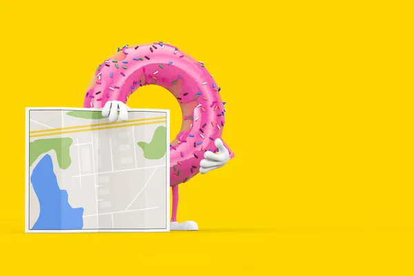 Büyük Çilekli Pembe Donut Karakteri Maskotu Soyut Şehir Planlama Haritası — Stok fotoğraf
