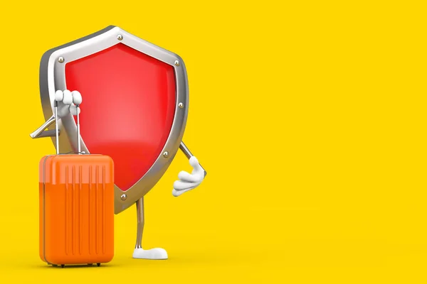 Red Metal Protection Shield Karakter Mascotte Met Orange Travel Koffer — Stockfoto