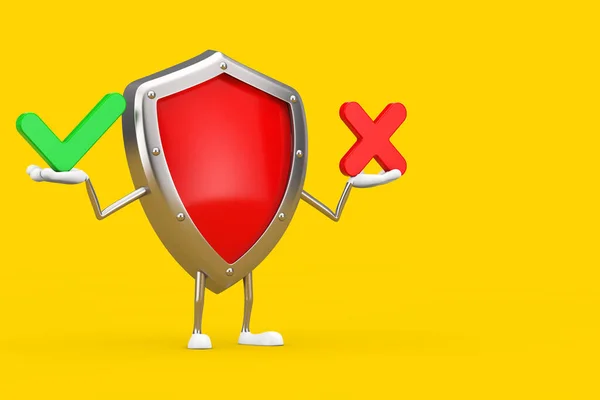 Red Metal Protection Shield Character Mascot Red Cross Green Check — Φωτογραφία Αρχείου
