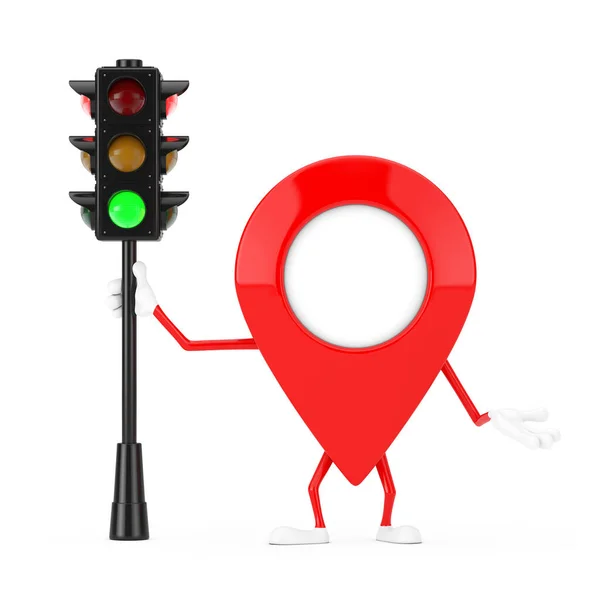 Karta Pekare Pin Character Mascot Med Trafik Grönt Ljus Vit — Stockfoto