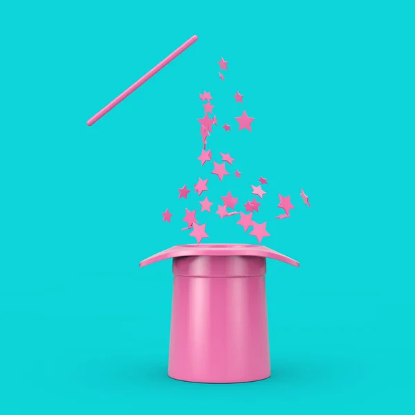 魔法概念 粉红魔帽和魔杖 粉红闪烁着杜通风格的蓝色背景 3D渲染 — 图库照片