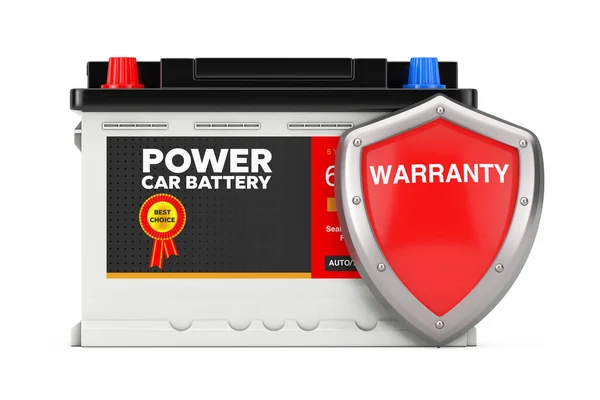 Автомобільна Батарея 12V Accumulator Abstract Label Червоним Металевим Захистом Щит — стокове фото