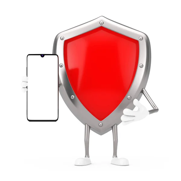 Rotes Metall Schutzschild Charaktermaskottchen Und Modernes Mobiltelefon Mit Leerem Bildschirm — Stockfoto