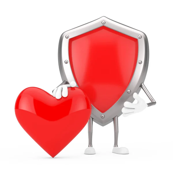 Red Metal Proteção Escudo Personagem Mascote Com Coração Vermelho Fundo — Fotografia de Stock